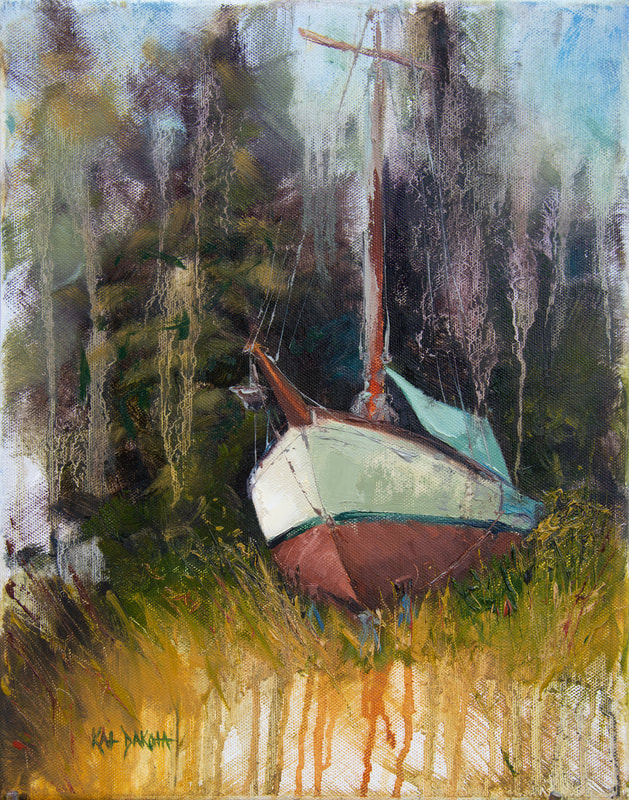 Sailboat in boatyard on stands. Oil painting by Kat Dakota