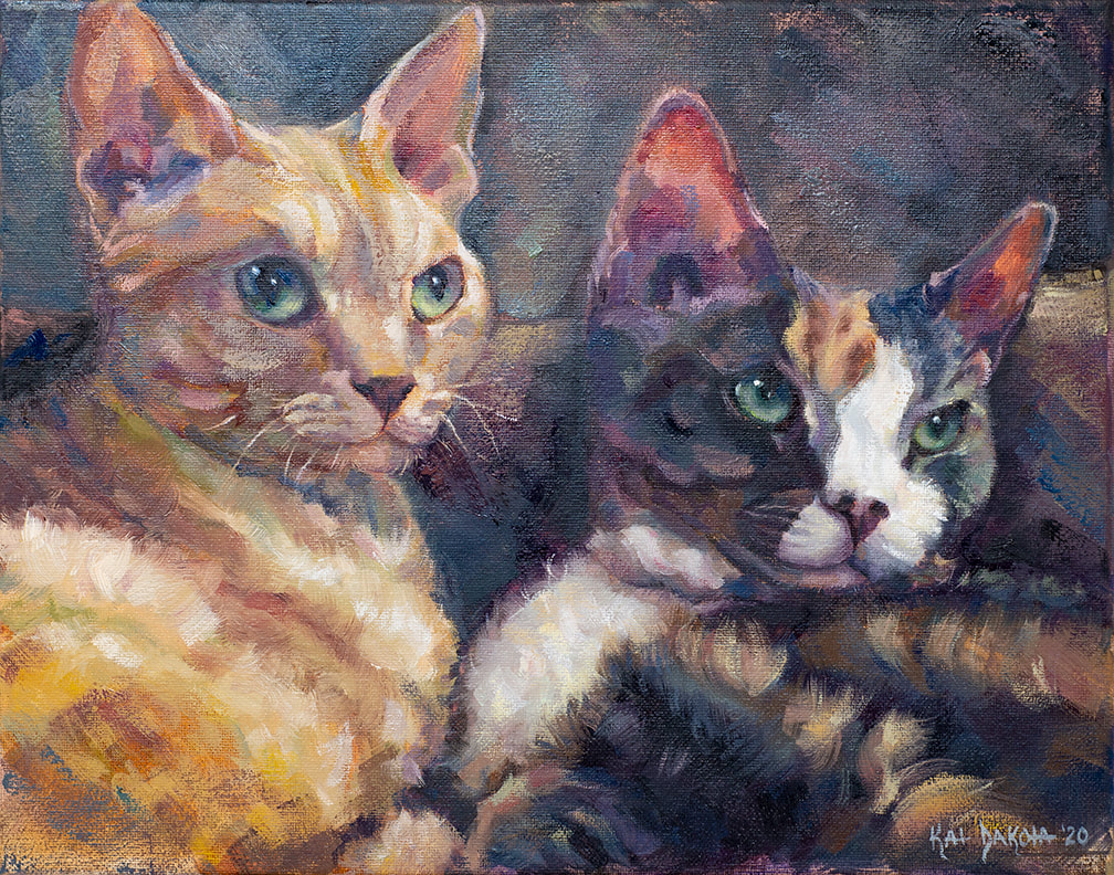 Pet portraits of cats. Breed Devon Rex. Oil painting by Kat Dakota.