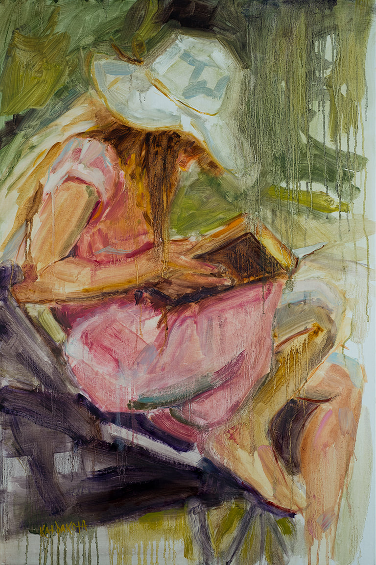 Girl in pink reading a book. Oil painting by Kat Dakota.