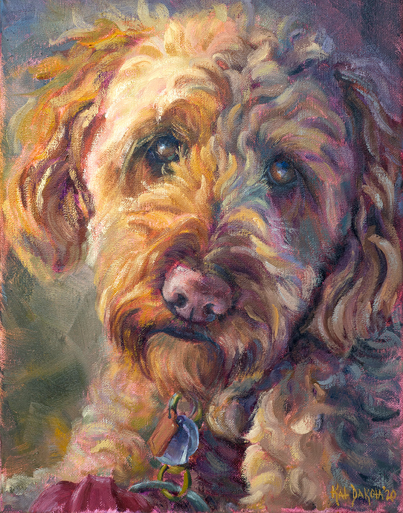 Pet Portrait oil painting of Goldendoddle by Kat Dakota