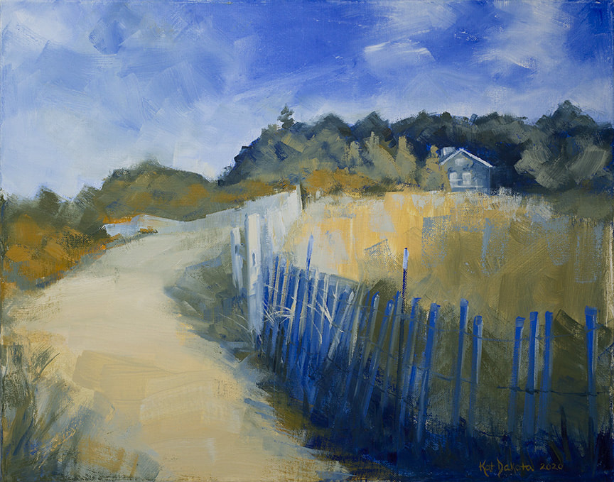 Leland MI beach. Snow fence leading to small cabin through the sand. Oil painting by Kat Dakota.