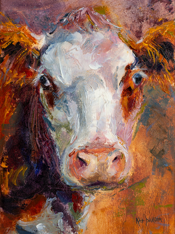 Cow's face. Palette knife technique. Oil painting by Kat Dakota.
