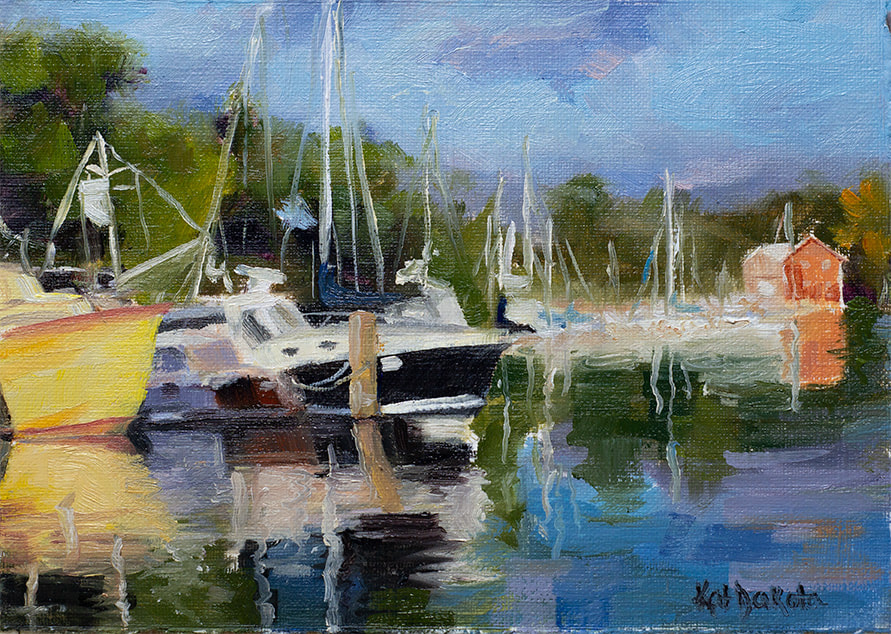 Suttons Bay Harbor Marina. Oil painting by Kat Dakota.
